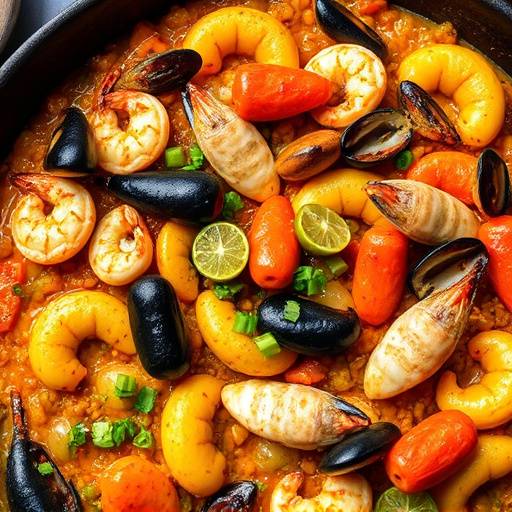 Deliciosa paella valenciana con mariscos frescos, arroz bomba y azafr&aacute;n, servida en una paellera tradicional