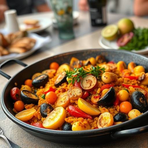 Paella Valenciana servida en una paellera